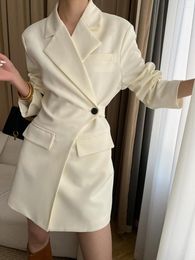 Casual Dresses Women's Clothing 2023 Office Lady Pinching Cut Blazer White Mini Dress Chic And Elegant Tunic Frocks Korean Style Woman