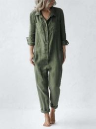 Women's Jumpsuits Rompers Retro cotton coat printed women's spring long sleeved buttons one piece clothing unique Colour tone oversized green jumpsuit P230522