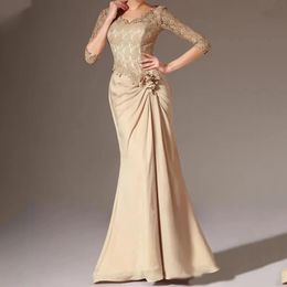 Champagne Modest Mother of the Bride Dresses Long Mermaid Style Lace Chiffon V-Neck 3 /4 Long Sleeve mother occasion gown