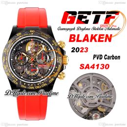 GETF Blaken SA4130 Automatic Chronograph Skeleton Gold Dial Mens Watch PVD Black 904L Steel Red Rubber Strap Super Edition Reloj Hombre Montre Watches Puretime B2