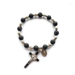 Strand QIGO Cross Bracelets Vintage Virgin St Benedict Black Stone Catholic Jewelry