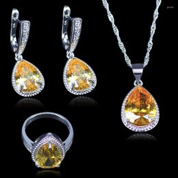 Necklace Earrings Set Wedding For Lovers Water Drop Orange Sparkling Silver Colour Women Fashion Jewellery