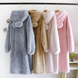 Women's Sleepwear Thickened Flannel Pyjamas For Women Robe Ladies Coral Fleece Hooded Nightgown Winter Kawaii Loungewear Warm Women's