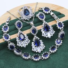 Necklace Exquisite Blue Red Crystal 925 Silver Jewellery Sets For Women Bracelet Earrings Necklace pendant Ring Wedding Jewellery 4PCS