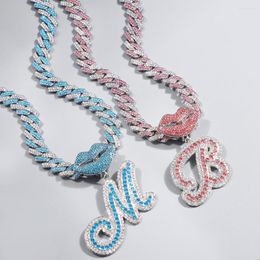 Chains Women Initial Name Pendant Necklace Sexy Mouth Letter Iced Out Cuban Link Chain Full Rhinestone Necklaces Hip Hop Jewellery