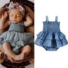 Rompers Baby Girl Clothing Summer Denim Romper Sleeveless Suspender Pleated Design Ruffle Hem Bottom Snap Button Cute Jumpsuit 230522