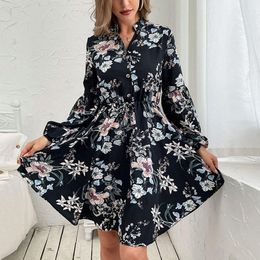 Casual Dresses Long Sleeve Chiffon Mini Dress Summer V Neck Button Black Floral Print Elegant Woman Clothes Fashion Vintage Sundress