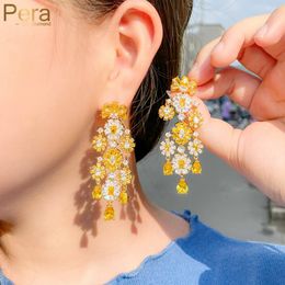 Knot Pera Stunning Yellow Druzy CZ White Gold Colour Long Dangling Flower Engagement Party Drop Earrings for Women Fine Jewellery E839