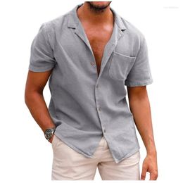 Men's Casual Shirts Mens Cotton Linen Hawaiian Summer Short Sleeve Loose Beach Shirt Solid Colour Holiday Vacation Cuban Collar Chemise