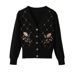 Women's v-neck embroidery flowers sweaters cardigan single breasted knitted coat SMLXL