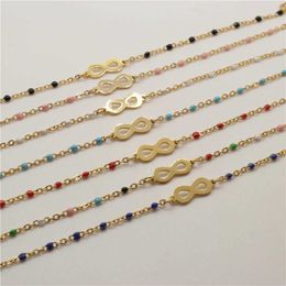 Anklets Stainless Steel Bracelets Enamel Gold Colour Multicolor Infinity Symbol Women Hand Link Chain Jewellery Gifts 18cm long 1 Piece G220519