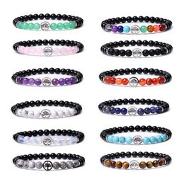 Tree of Life Charms 6mm Black Beads Colorful Natural Stone Bracelet 7 Chakra Rose Pink Crystal Agates Bangle Women Yoga Jewelry