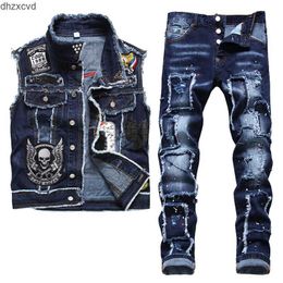 Blue Tracksuits Summer Men Pieces Sets Slim Casual Embroidery Skull Denim Vest and Ragged Paint Patch Stretch Jeans Conjuntos De Hombres OA2O