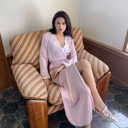 Women's Sleepwear Long Robe Women's Summer Solid Feather Sleeve Ladies Kimono With Sashes Luxury Silk V Neck Thin For Female