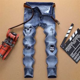 Men's Jeans Men's Jeans New European and American Fashion Men's Broken Embroidery Skull Elastic Feet Jeans Fashion Casual Pants P230522