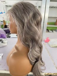 Body wave platinum grey human hair wigs salt and pepper Honey Blonde Brown highlights wigs with Black silver grey none lace glueless machine made daily wearing 16inch