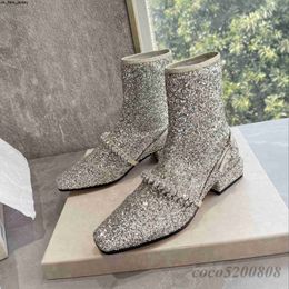 Dress Shoes Spring Autumn Ankle Boots Shiny Crystal Square Toe Women Short Boot Runway Outfit Genuine Leather Chunky High Heels Party Boots J230522