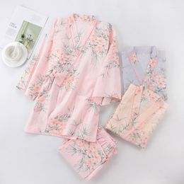 Ethnic Clothing Woman Japanese Style Yukata For Spring Floral Kimono Sleepwear Cotton Thin Home Pyjamas Set Leisure Women Nightwear