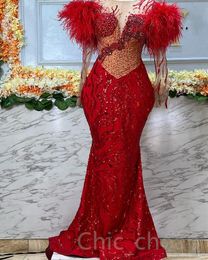 2023 AMVCA Aso Ebi Mermaid Red Prom Dress Beaded Crystals Feather Evening Formal Party Second Reception Birthday Engagement Gowns Dress Robe De Soiree ZJ304