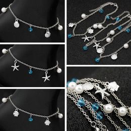 Anklets Stainless Steel Ocean Shell Star Imitation Pearl Anklet Silver Color Pendants Anklet Women Summer Beach Sandal Foot Jewelry 1PC G220519