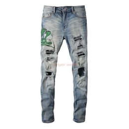 Jeans Designer Clothing Amires Jeans Denim Pants 6561 Fashion Brand Amies Made Old Green Snake Embroidery Hole Patch Slim Fit Fashion Sl