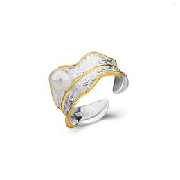 Cluster Rings S925 Sterling Silver Simple Pearl Ring Ins Cold Wind Creative Fashion Personality Color Separation Gold-plated Open Female