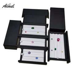 Boxes Quality Gem Jewellery Storage Box With Groove Diamond Display Showcase PU Stone Organiser Display Carry Case Box Black White