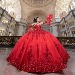 Elegant Red Quinceanera Dresses With Detachable Sleeves Sequin Organza Sweetheart Sweet 16 Vestidos Para Quinceanera 2023