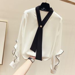 Women's Blouses Colour Matching V-neck Lace Chiffon Shirt Long-sleeved Spring And Autumn Style Korean Fashion Design Casual