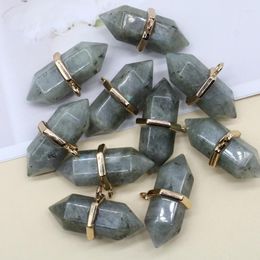 Pendant Necklaces Natural WhiteCrystal Labradorite Stone Hexagon Pointed Cone Pendulum For Diy Jewelry Making Accessories 6pcs