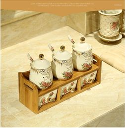 Storage Bottles Cemaic Bamboo Set Seasoning Bottle Salt And Pepper Box Spice Container Jar Kitchen Tools