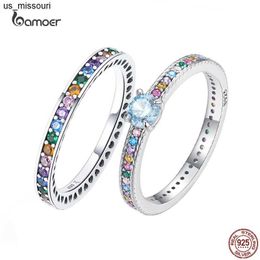 Band Rings Bamoer 925 Sterling Silver Multicolor Zircon Finger Ring for Women Trendy Fashion Rainbow Simulated Diamond Anillos Jewelry Gift J230522