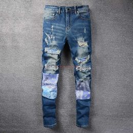 Jeans Designer Clothing Amires Jeans Denim Pants 832 Amies Wash Blue with Damaged Holes Damaged Patches Contrast Patch Slim Fit Small Fo