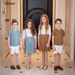 Family Matching Outfits Brother Sister Matching Clothes Summer Boys Girls Knitted Outfit Teenagers Thin Polo Shirt Cardigan Teens Skirts Baby Short 230522