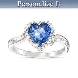 Wedding Rings Milangirl Ladies Female Simple Dark Blue Crystal Peach Heart Round Zircon Ring Fashion Engagement Jewelry
