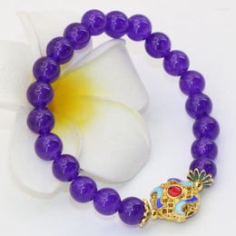 Link Bracelets 8mm Round Beads Purple Jades Stone Chalcedony Original Design Gold-color Cloisonne Fashion Jewellery 7.5inch B2687