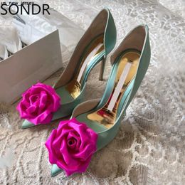 Sandals Womens Pointed Toe Big Rose Flowers Stilettos High Heel Pumps Shoes Low Top Party Sexy Wedding Bridal Luxury New 2023 J230518 J230519