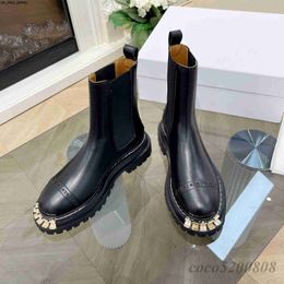 Elbise ayakkabıları kadın ayak bileği botları kadın botları yuvarlak ayak ayak parmağı slip-on gerçek deri metal dekor kalın dip kadın ayakkabı botas sonbahar j230522