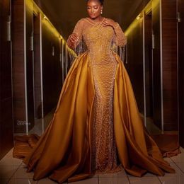 2023 AMVCA Aso Ebi Gold Mermaid Prom Dress Beaded Pearls Satin Evening Formal Party Second Reception Birthday Engagement Gowns Dress Robe De Soiree ZJ287