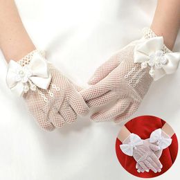 Five Fingers Gloves Girls Mesh Bow Lace Pearl Decoration Party Supplies Children Birthday Ceremony Coronation Accessories Gift Mittens