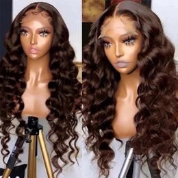 Chocolate Brown Loose Deep Wave Synthetic Hair Curly Lace Front For Black Women Glueless Fibre Cosplay