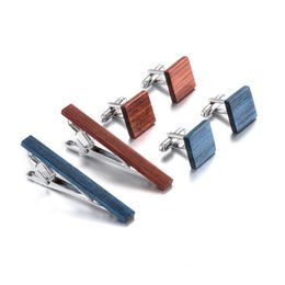 Wooden Tie Clip and Cufflink Set For Men Classic Tie Clips Cufflinks Sets Copper Tie Bar Brown Blue Tie Collar Pin Jewellery Gift