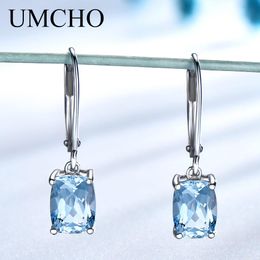 Stud UMCHO Genuine 925 Sterling Silver Sky Blue Topaz Drop Earrings Elegant Gemstone Wedding Engagement Jewellery For Women Gifts