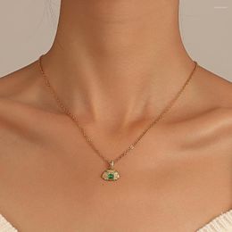 Chains Golden Shell Necklace With Green Stone Retro Traditional Chinese Lucky Pendant Long Chain In Vintage Jewellery Gift