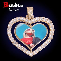 Necklaces Bubble Letter Customized Picture Pendant Big Heart Rotating Photo Medallion Iced Out Real Gold Plated Hip Hop Jewelry