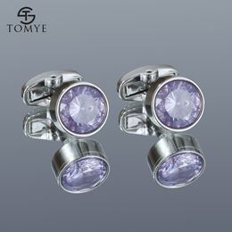 Cufflinks for Men TOMYE XK20S081 Luxury Purple Crystal Buttons High Quality Round Silver Color Shirt Cuff Links Jewelry Gifts