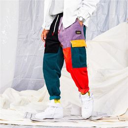 Men's Pants Fashion Colour Block Patchwork Corduroy Cargo Harem Streetwear Cotton Trousers Harajuku Jogger Sweatpant