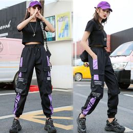 Pants Women's Cargo Pants Ribbon Pocket Jogger Elastic Waist High Streetwear Harajuku Pant Punk Ring Chain Females Trousers