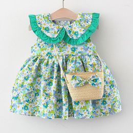 Girl Dresses 2Piece Summer Kids Clothing 2023 Baby Girls Korean Cute Sleeveless Cotton Flowers Dress Bag Born Clothes BC014