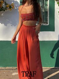 Women s Two Piece Pants TRAF 2023 Women Faux Masonry Trim Tie Sling Top Wide Leg Set Summer Ladies Loose Trousers Vintage Female Chic Suits 230522